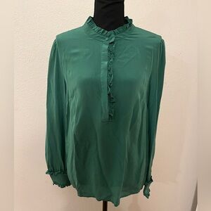 Boden Women's Long Sleeve Ruffled Green Silk Blouse Size 8
